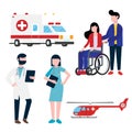 Hospital employee and transport set concept with doctor, nurse, patients, helicopter and ambulance car in flat style.